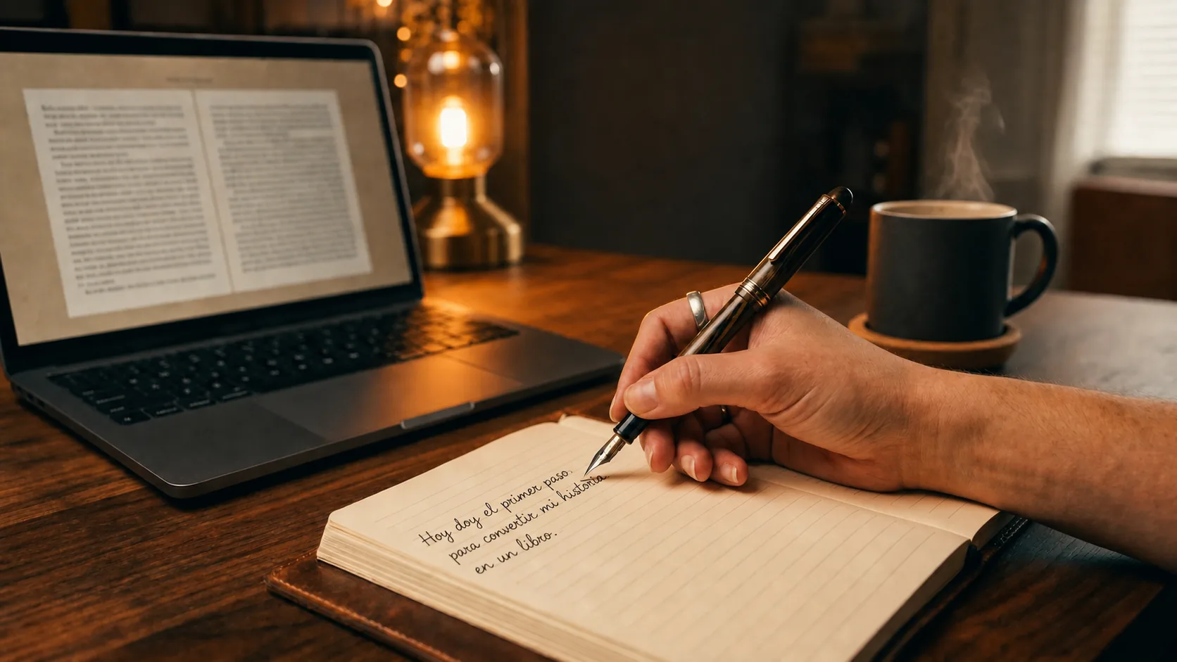 Mano escribiendo con pluma fuente en una libreta junto a una laptop, escena cálida de un escritor